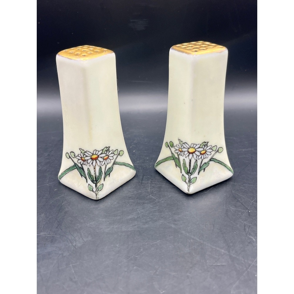 Vtg Art Deco Floral Salt & Pepper Shakers Daisies Gold Trim 3.5" Decorative